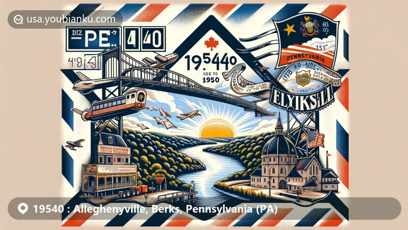 Modern illustration of Alleghenyville, Berks County, Pennsylvania, highlighting natural beauty and historical significance with Schuylkill River motif, vintage air mail envelope, and ZIP code 19540.