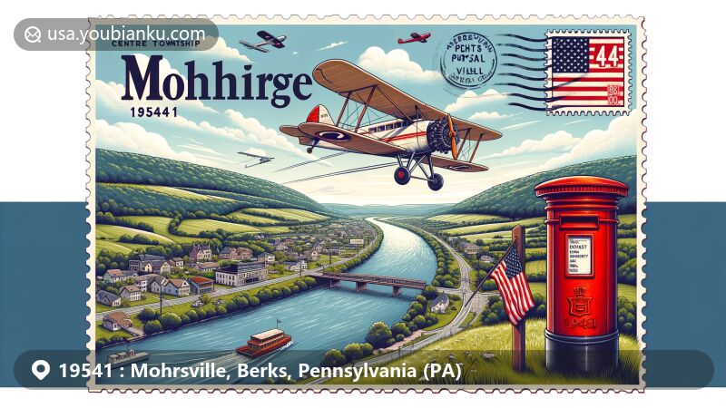 Modern illustration of Mohrsville, Berks County, Pennsylvania, highlighting aviation and postal themes with ZIP code 19541, featuring Schuylkill River and American flag.