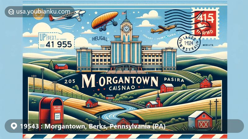 Modern illustration of Morgantown, Berks County, PA, ZIP code 19543, featuring Hollywood Casino Morgantown and rural Pennsylvania scenery with Conestoga River, reflecting geographical landscape and historical agricultural roots.