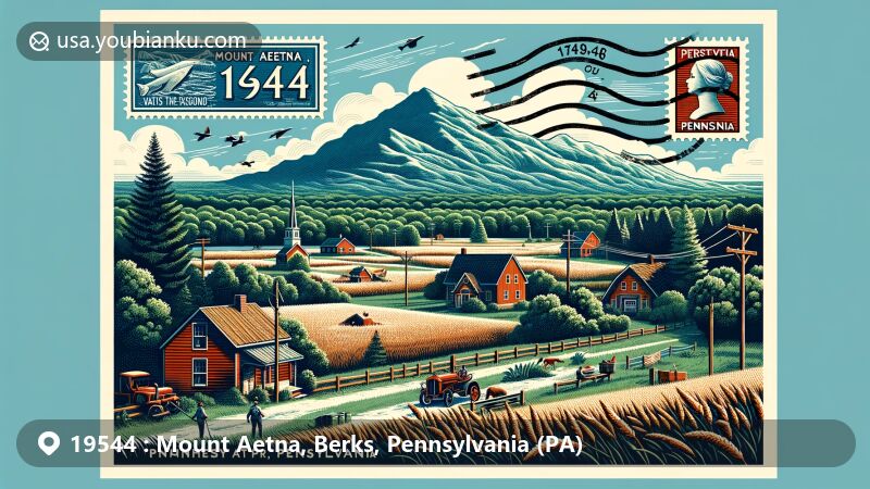 Modern illustration of Mount Aetna, Berks County, Pennsylvania, capturing picturesque countryside with postal code 19544, showcasing natural beauty and outdoor activities like hiking, fishing, and camping.