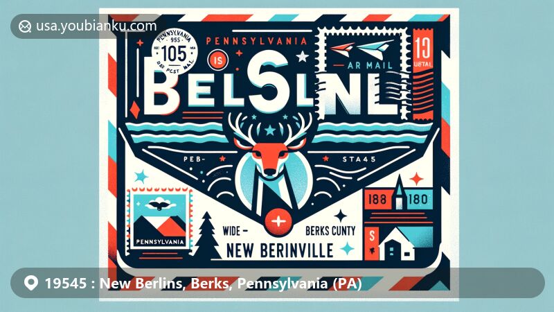 Modern illustration of New Berlinville, Berks County, Pennsylvania, inspired by postal theme with ZIP code 19545, showcasing Pennsylvania Route 100, state flag, and white-tailed deer.