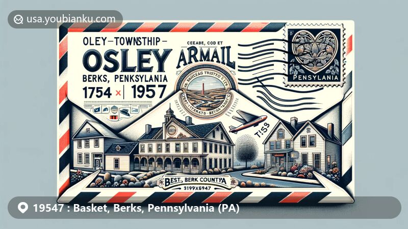 Creative illustration of Basket, Berks County, Pennsylvania, with airmail envelope and Oley Township Historic District, featuring Pennsylvania state symbols and postal elements for ZIP code 19547.