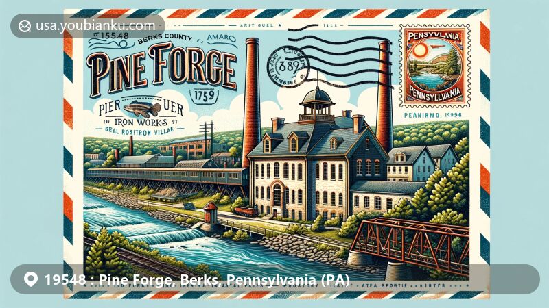 Modern illustration of Pine Forge area in Berks County, Pennsylvania, showcasing Pine Forge Mansion and Industrial Site, Manatawny Creek, and vintage postal theme with Pennsylvania state flag and ZIP code 19548.
