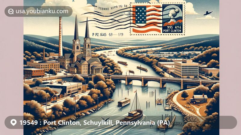 Modern illustration of Port Clinton, Schuylkill, Pennsylvania, showcasing the confluence of the Schuylkill and Little Schuylkill rivers, Reading Blue Mountain and Northern Railroad, and the Appalachian Trail. It features a vintage postcard format with postal marks and the ZIP code 19549.