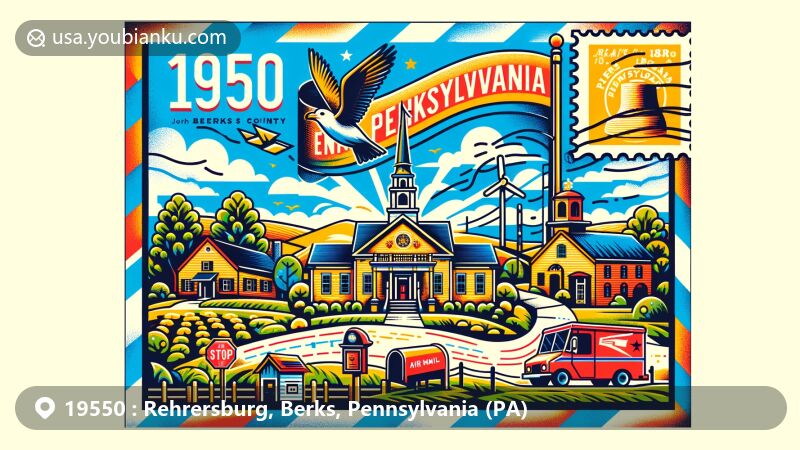 Modern illustration of Rehrersburg, Berks County, Pennsylvania, with ZIP code 19550, featuring iconic Pennsylvania symbols like the state flag and postal elements such as stamps and a postmark.