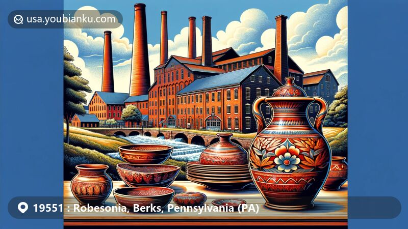 Modern illustration of Robesonia Furnace Historic District in Robesonia, Berks County, Pennsylvania, highlighting iconic industrial era buildings and Robesonia Redware pottery, symbolizing cultural heritage.