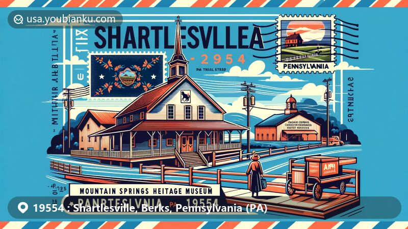 Modern illustration of Shartlesville, Berks, Pennsylvania, showcasing Mountain Springs Arena, Crossroads Heritage Museum, and Shartlesville Community Park, with Pennsylvania state flag and Amish theme, incorporating vintage postal elements and ZIP code 19554.