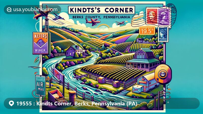 Modern illustration of Kindts Corner, Berks County, Pennsylvania, featuring Deerfoot Winery vineyards, Peters Creek waters, and scenic landscapes in a vibrant postcard design with postal elements and ZIP Code 19555.