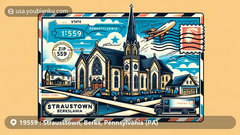 Modern illustration of Strausstown, Berks County, Pennsylvania, featuring creative postal theme with ZIP code 19559, including iconic Zion Blue Mountain Church, Pennsylvania outline, and postal elements.
