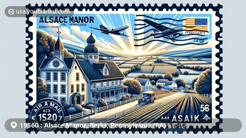 Modern illustration of Alsace Manor, Berks County, Pennsylvania, in wide format with rural and agricultural essence, postal elements, and air mail envelope frame.