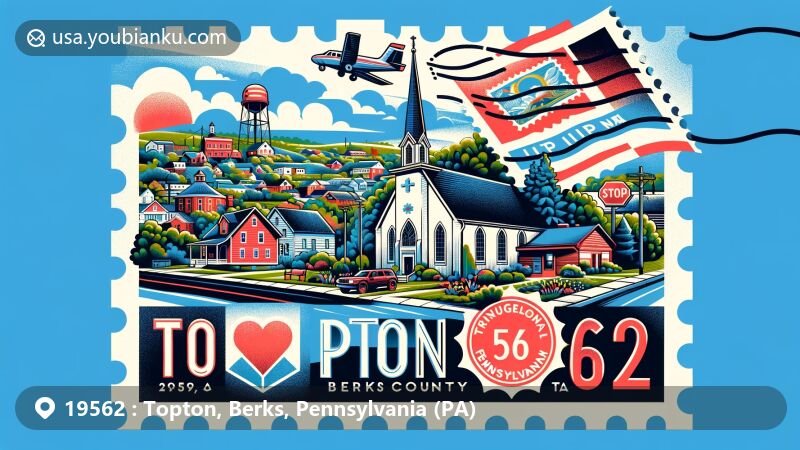Modern illustration of Topton, Berks County, Pennsylvania, highlighting postal theme with ZIP code 19562, featuring Trinity Evangelical Lutheran Church and Pennsylvania state symbols.