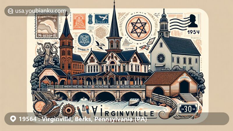 Modern illustration of Virginville, Pennsylvania, showcasing Queen Anne, Gothic Revival, and Italianate architectural styles, featuring Dreibelbis Farm and a covered bridge. Includes iconic Hex Signs and postal elements with ZIP Code 19564.