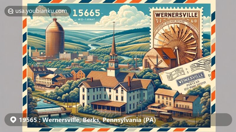 Captivating illustration of Wernersville, Pennsylvania, featuring Appalachian hills, Lerch Tavern, Wertz Mill, and Wernersville State Hospital, with postal theme showcasing Jesuit Center.