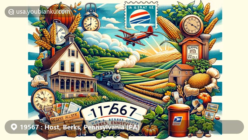 Modern illustration of Host, Berks, Pennsylvania, with ZIP code 19567, featuring lush agricultural landscape, Reading Railroad, and Berks History Center.
