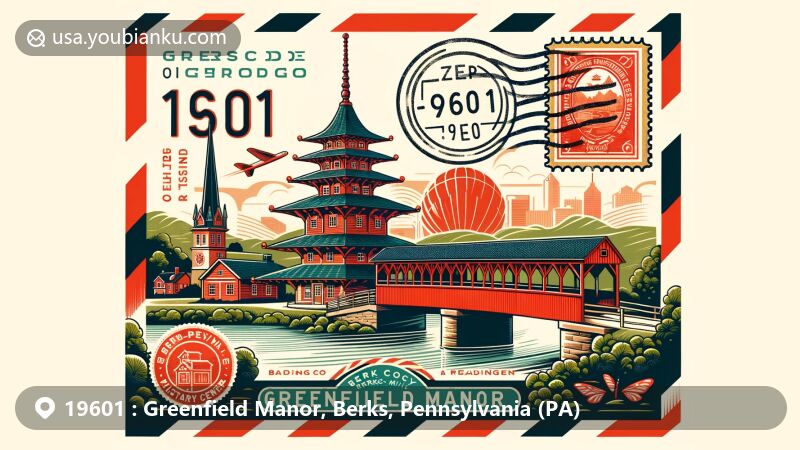 Modern illustration of Greenfield Manor, Berks County, Pennsylvania, featuring Reading Pagoda and Gring’s Mill’s Red Covered Bridge with ZIP code 19601, cleverly integrating postal elements with local landmarks.