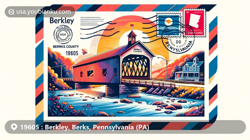 Modern illustration of Berkley area, Berks County, Pennsylvania, resembling a vintage airmail postcard, featuring historic covered bridge, Pennsylvania state flag, postal elements, Berks County Heritage Center silhouette.
