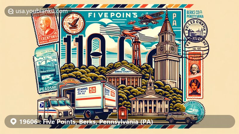 Modern illustration of Five Points area in Berks County, Pennsylvania, featuring Reading Pagoda, vintage air mail elements, and iconic landmarks like Mid-Atlantic Air Museum and Nolde Forest Environmental Education Center.