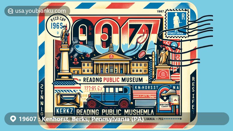 Modern illustration of Kenhorst, Berks County, Pennsylvania, with Reading Public Museum and Kenhorst War Memorial, featuring Pennsylvania and Berks County outlines, vintage air mail envelope theme, Pennsylvania flag postal stamps, mailbox, and ZIP Code '19607' design.