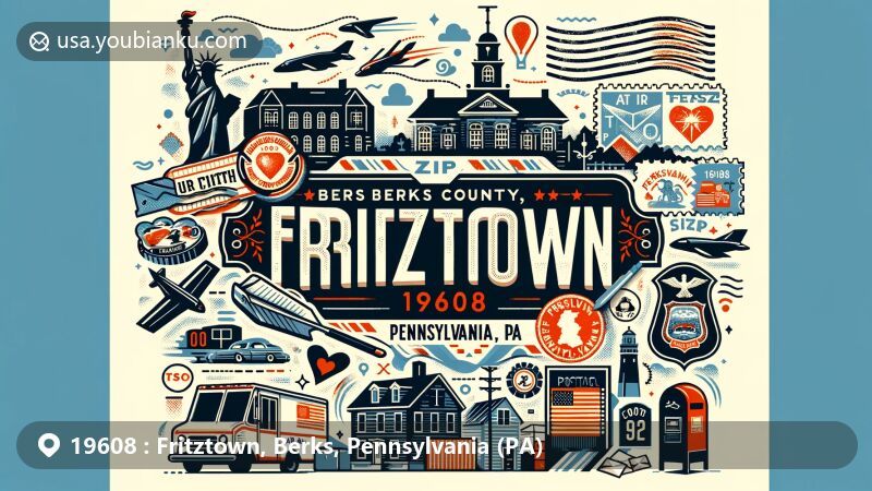 Modern illustration of Fritztown, Berks County, Pennsylvania, showcasing postal theme with ZIP code 19608, featuring Pennsylvania state flag and iconic landmarks.