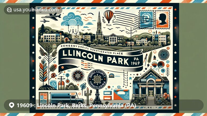 Modern illustration of Lincoln Park, Berks, Pennsylvania (PA), highlighting suburban charm, parks, residential settings, and Pennsylvania state flag, with vintage air mail envelope, postal stamps, and postmark design.