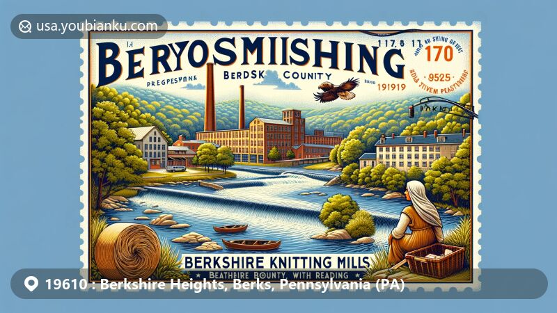 Modern illustration of Berkshire Heights in Wyomissing, Berks County, Pennsylvania, blending historic Berkshire Knitting Mills and scenic Tulpehocken Creek, featuring Lenape Native American cultural elements and ZIP code 19610.