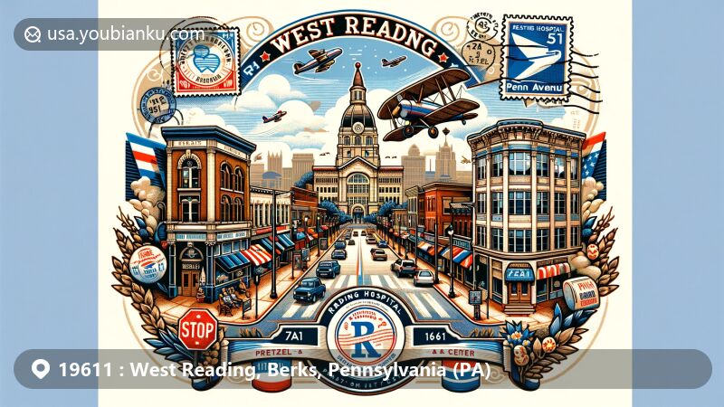 Modern illustration of West Reading, Pennsylvania, fusing Penn Avenue, Reading Hospital, and Craft Pretzel & Beer Fest into a postal theme with ZIP code 19611, encapsulated in a vintage air mail envelope.