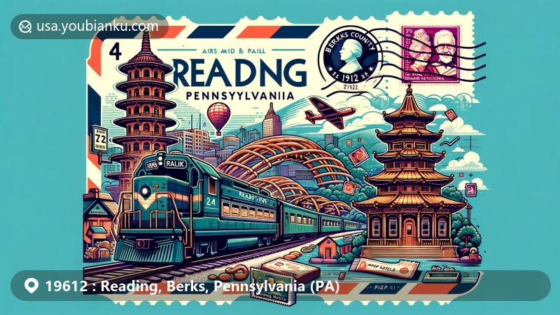 Modern illustration of Reading, Berks County, PA, highlighting iconic landmarks including the Reading Railroad, Pagoda, and symbols of the area's iron industry and 'The Pretzel City' nickname, with postal elements and ZIP code 19612.