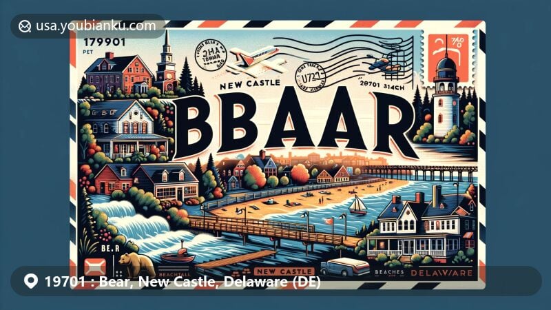 Modern illustration of Bear, New Castle, Delaware, showcasing vibrant community, natural landscapes near beaches and parks, and Dutch colonial influences, featuring postal theme with stamps, postmarks, and ZIP code 19701. Highlights friendly atmosphere, convenient transportation, and lively scenes of dining and shopping in Bear.