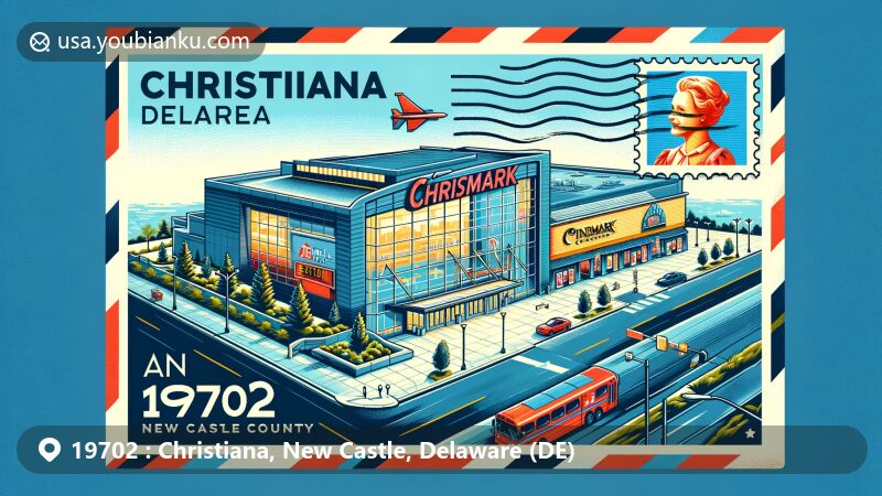 Modern illustration of Christiana, Delaware, highlighting postal theme with ZIP code 19702, featuring Christiana Mall, Cinemark Christiana, and Delaware state flag stamp.