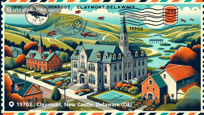 Modern illustration of Claymont, Delaware featuring historic landmarks like the Stone School and Archmere Academy, set against the Delaware River and Brandywine Hundred hills, with a vintage postcard theme and '19703' ZIP code.
