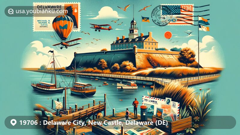Modern illustration of Delaware City, New Castle, DE, showcasing Fort Delaware and Chesapeake and Delaware Canal with Michael N. Castle Trail, vintage air mail elements, and ZIP code 19706.