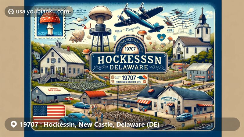 Modern illustration of Hockessin, New Castle County, Delaware, showcasing postal theme with ZIP code 19707, featuring A. Armstrong Farm, Coffee Run Mission Site, Hockessin Friends Meetinghouse, Wilmington and Western Railroad, mushroom farms, Hockessin Memorial Hall, vintage airmail envelope, Delaware state flag stamp, and postmark.