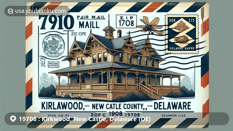 Modern illustration of Kirkwood, New Castle County, Delaware capturing postal heritage with vintage air mail envelope backdrop, featuring Delaware state flag and iconic McCoy House architecture.