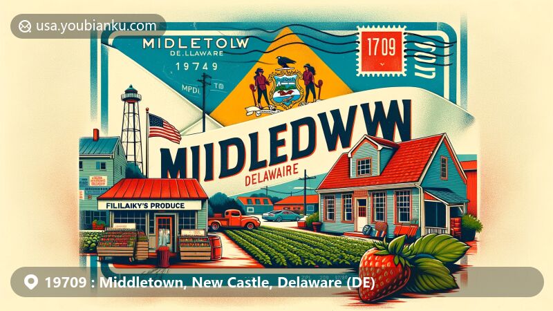 Modern illustration of Middletown, New Castle County, Delaware, capturing the essence of ZIP code 19709. Featuring the Delaware state flag in the backdrop, Filasky's Produce farm scene in the foreground, and vintage postal envelope with key map details.