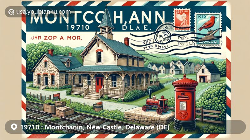 Wide-format illustration of Montchanin, New Castle County, Delaware, featuring Montchanin Historic District's 19th-century architecture, postal elements, and lush green landscape.