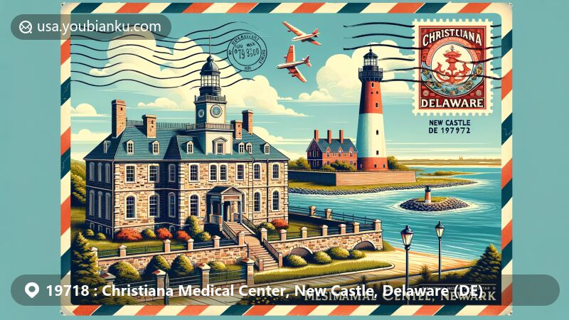 Modern illustration of Christiana Medical Center, Newark, Delaware, with New Castle Court House Museum and Fenwick Island Lighthouse as notable landmarks, designed as a vintage-style postcard incorporating Delaware state flag, air mail border, and postmark reading 'Christiana Medical Center, New Castle, DE 19718'. Capturing Delaware's coastal and historical essence.