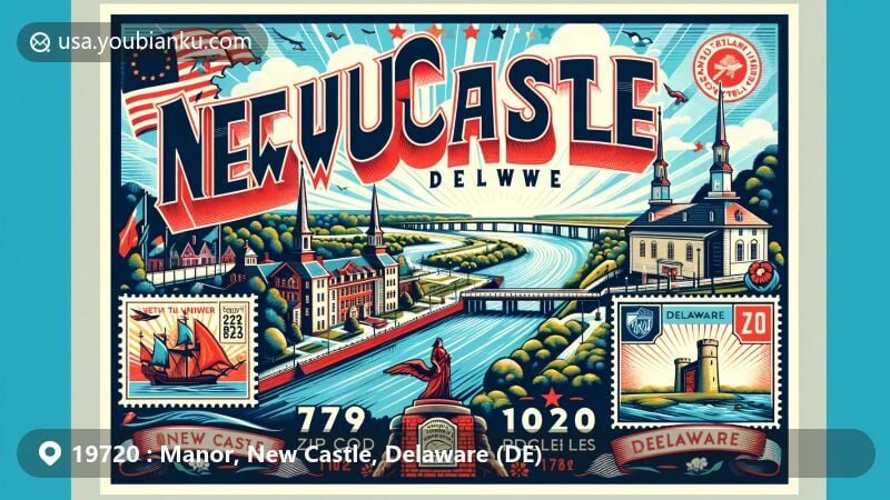 Modern illustration of ZIP code 19720 in New Castle, New Castle County, Delaware, featuring historic architecture and Delaware River symbolism, with stylized postal stamp of Delaware state flag and prominent ZIP code 19720.
