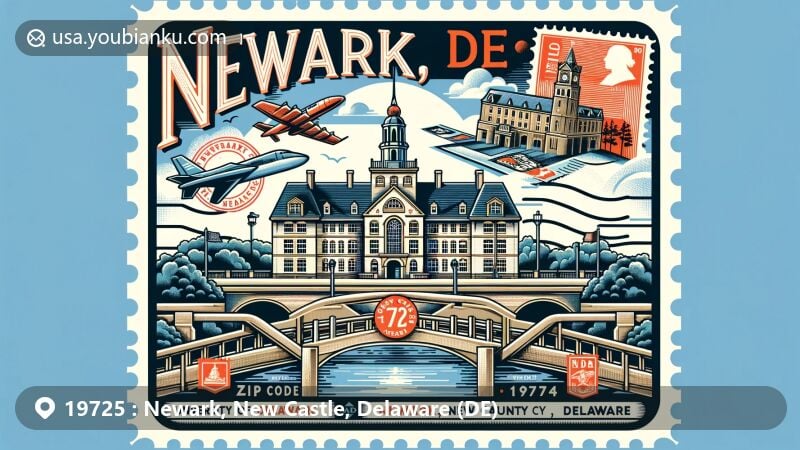 Modern illustration of Newark, New Castle County, Delaware, featuring University of Delaware as central landmark and postal theme with stamps depicting Battle of Cooch's Bridge and Old Bank of Newark Building, integrating elements of Delaware state flag.