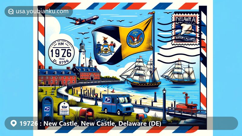 Modern illustration of Battery Park, New Castle, Delaware, with Delaware state flag in the background, featuring airmail envelope design and postal elements like stamp, postmark, ZIP Code '19726', mailbox, and mail truck.