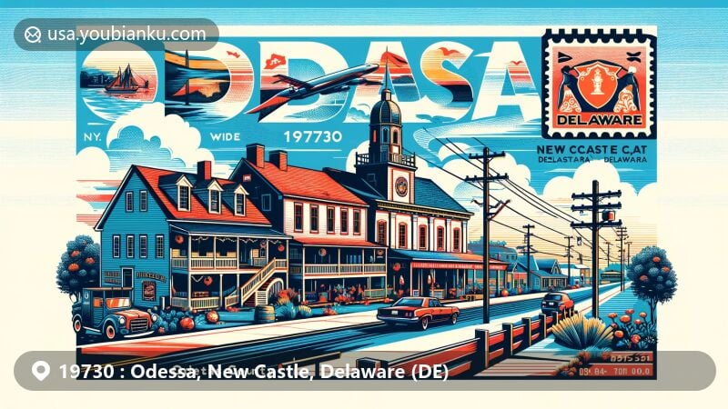 Modern illustration of Odessa, New Castle County, Delaware, showcasing landmarks like Cantwell's Tavern, Delaware Route 1, and the state flag, with postal theme of ZIP code 19730.
