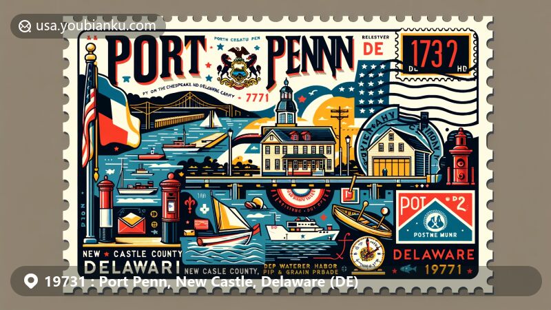 Modern postcard design of Port Penn, New Castle County, Delaware, featuring unique elements like Chesapeake and Delaware Canal, Delaware River, historical significance, state flag, vintage postage stamp, postal mark, and antique mailbox.