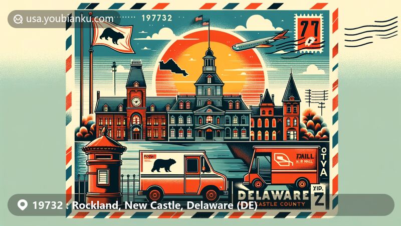 Modern illustration of Rockland, New Castle County, Delaware, featuring creative postcard design with ZIP code 19732, showcasing Delaware silhouette, Hagley Museum, New Castle architecture, state flag, and postal elements.