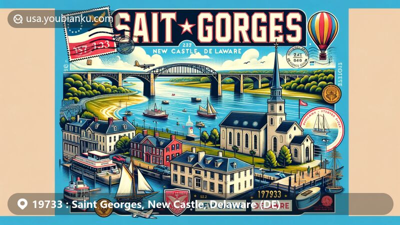 Modern illustration of Saint Georges, New Castle, Delaware, highlighting iconic elements like the St. Georges Bridge over the Chesapeake and Delaware Canal, with landmarks from the National Register of Historic Places. Scenic background features the canal, symbolizing connectivity and natural beauty.