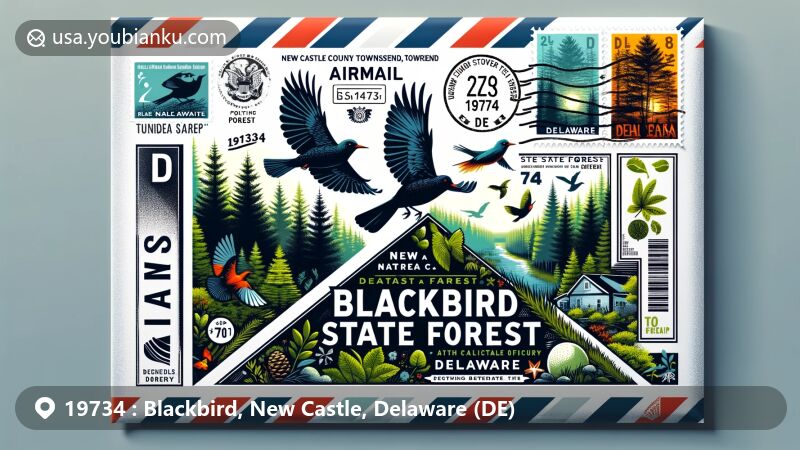 Modern illustration of Blackbird State Forest in Delaware featuring dense forests, nature trails, and wildlife on an airmail envelope. Includes stamps, postmark with ZIP code 19734, and vibrant airmail border, capturing outdoor recreation essence in New Castle County, Townsend, and Delaware.
