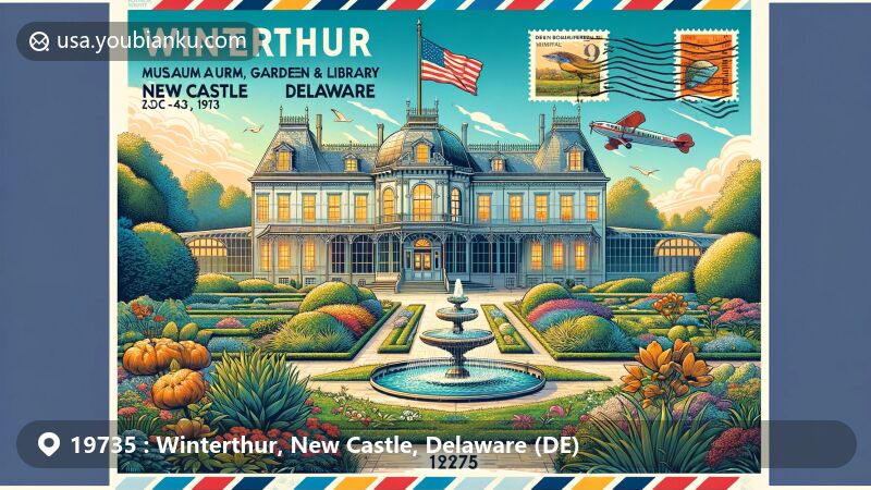 Modern illustration of Winterthur, New Castle, Delaware, featuring the Winterthur Museum, Garden & Library with a naturalistic garden, Delaware state flag, and postal elements, showcasing ZIP code 19735.