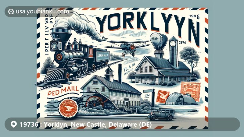 Modern illustration of Yorklyn, Delaware area, featuring Auburn Valley State Park, Marshall Steam Museum, and Garrett Snuff Mill, integrating postal theme with vintage air mail envelope, stamps, and postmark, emphasizing ZIP code 19736.