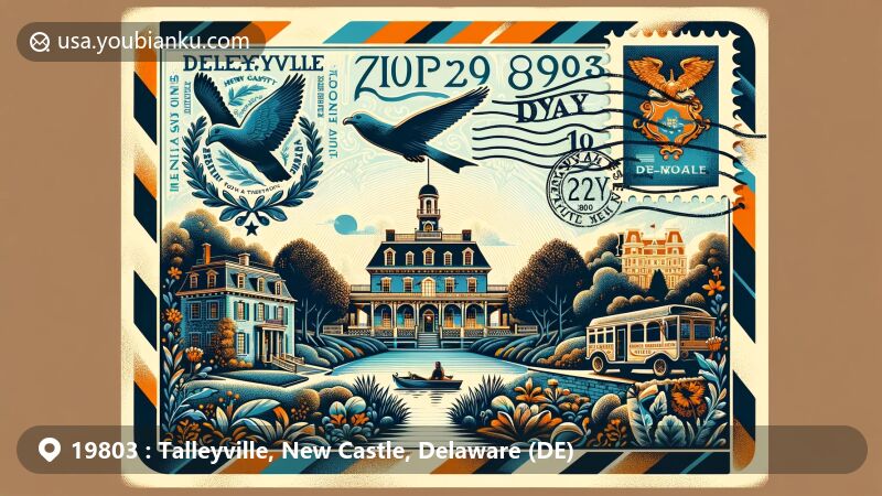 Modern illustration of Talleyville, New Castle County, Delaware, showcasing postal theme with ZIP code 19803, featuring William Hicklen House, Hagley Museum, and Nemours Mansion and Gardens.
