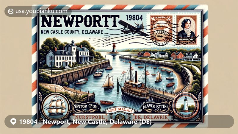 Modern illustration of Newport, New Castle County, Delaware, showcasing ZIP code 19804, featuring the Christina River, colonial and commercial heritage, Newport National Bank, Railroad Station, and historic buildings like Armstrong Lodge No. 26, A.F. & A.M., and Collison House.