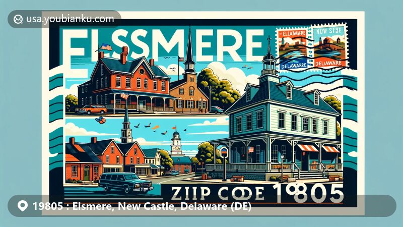 Modern illustration of Elsmere, Delaware, blending community charm with historical landmarks like Fort Christina and the New Castle Court House. Postal theme with ZIP code 19805, stamps, and postmark.