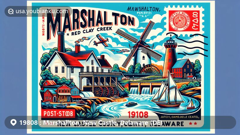 Modern illustration of Marshallton, New Castle County, Delaware, blending historical and modern elements with nods to its origins including a gristmill on Red Clay Creek and George Washington's Revolutionary War strategy. Pays homage to Dutch colonial roots, British colony evolution, and economic growth within the Philadelphia-Camden-Wilmington metro area.
